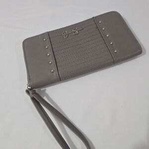 Jessica Simpson Studded‎ Quilted Zip Around Wristlet Wallet Taupe 8 Inch